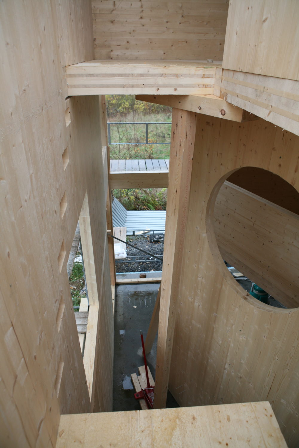picture from building site showing CLT elements during assembly process