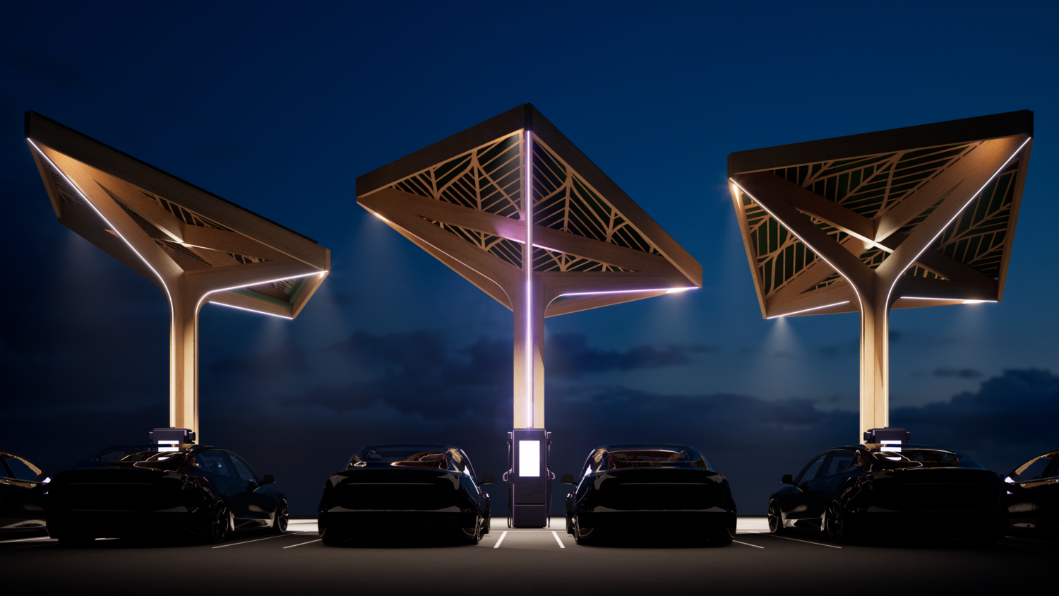 Three electric car charging stations in glulam timber illuminated at night