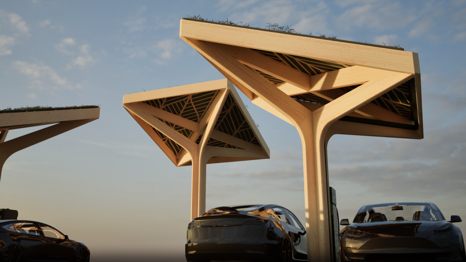 Three electric car charging stations in glulam timber