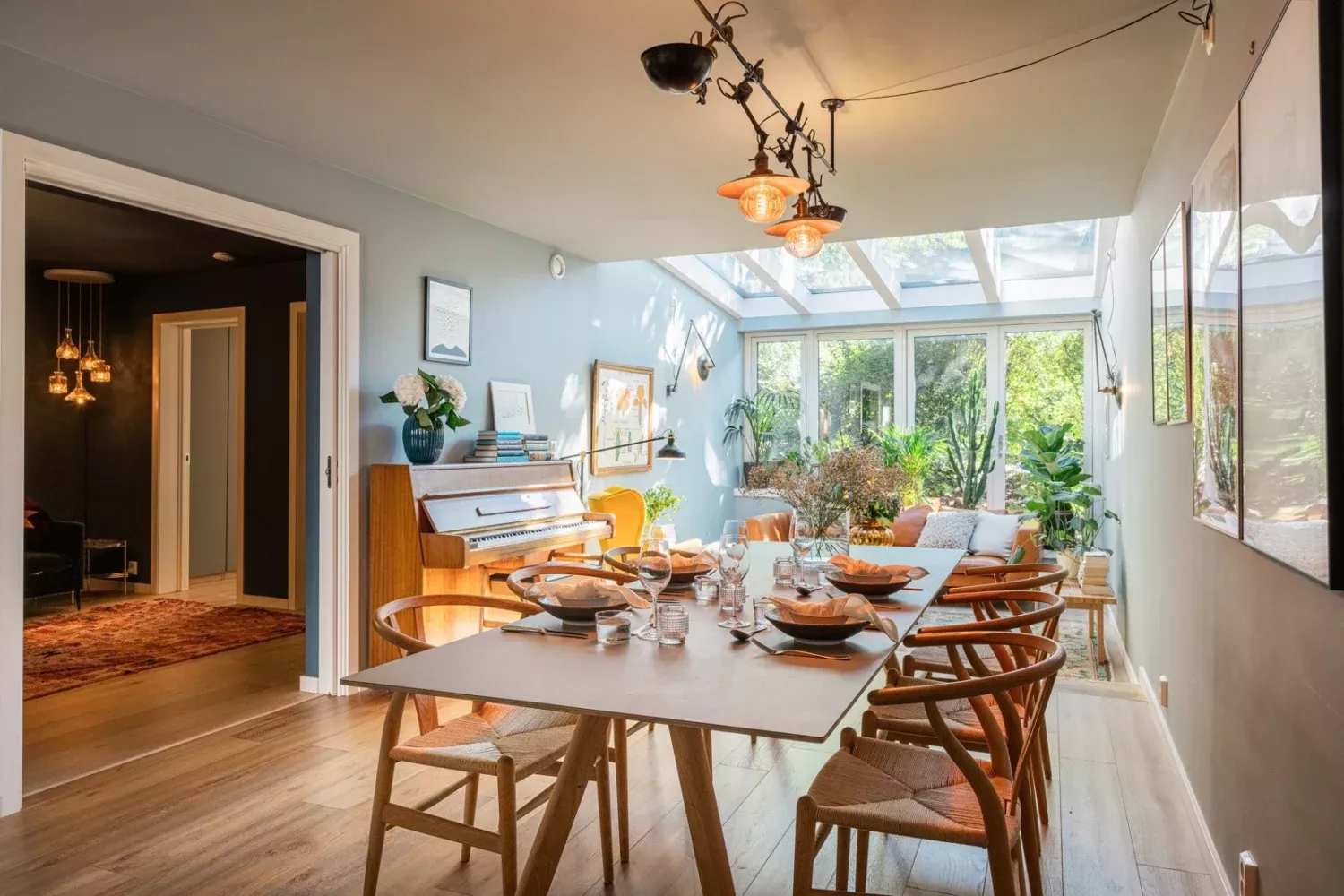 interior picture of different level spaces and skylight in the back