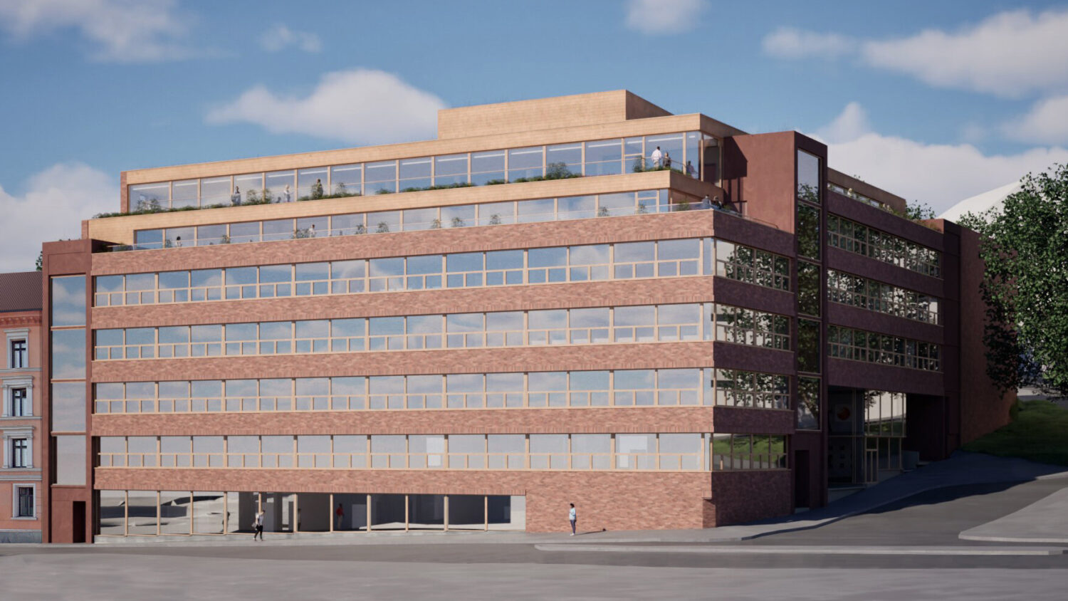 visualization of fasade renovation and rooftop extension in timber